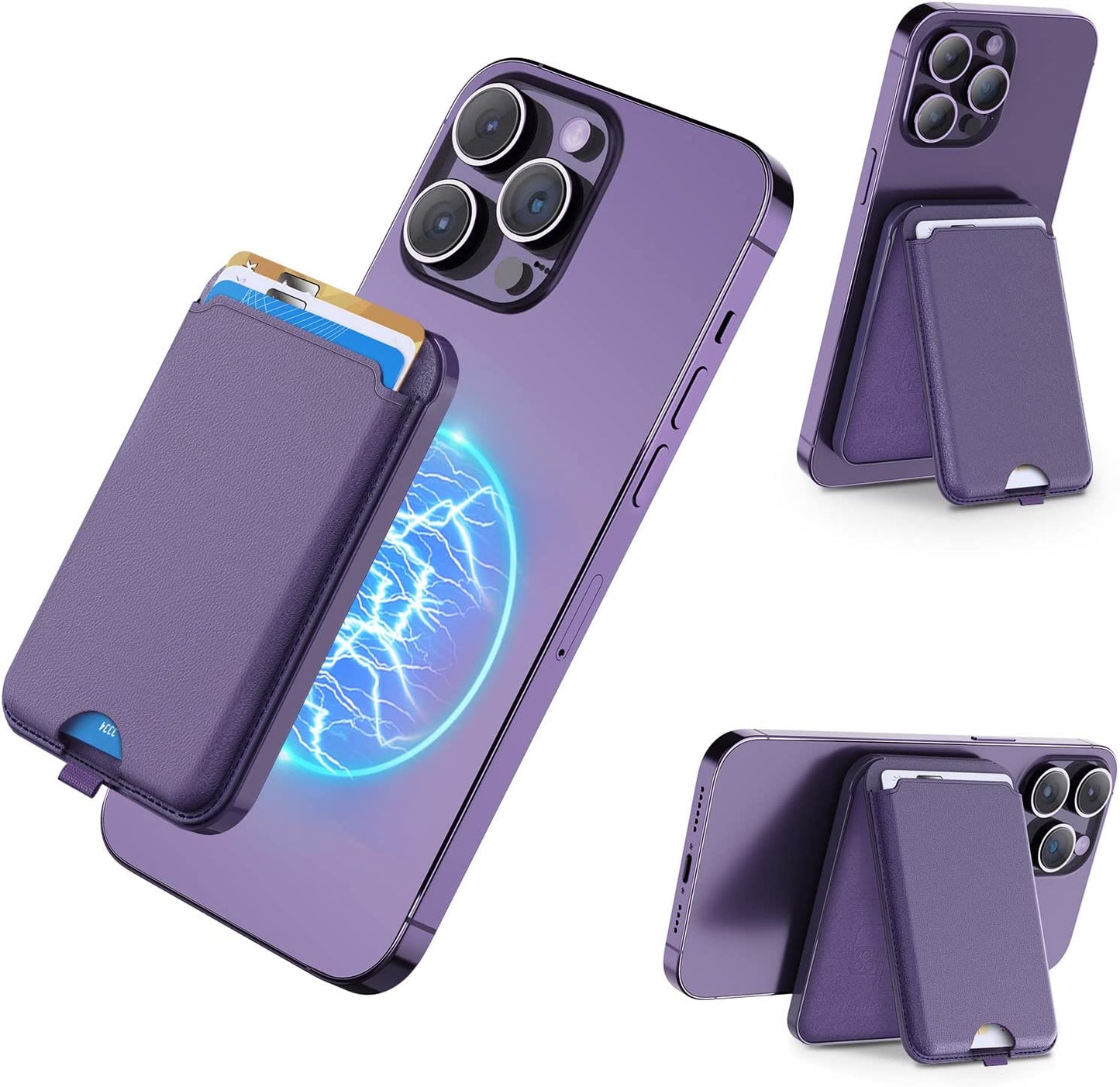 SHANSHUI Wallet for Magsafe, Magnetic Wallet with Ajustable Stand Anti-Drop Magnet Card Holder for Back of Phone Wallet Credit Card Holder Compatible for Iphone 14/13/12 Series & Magsafe Case Black  SHANSHUI Purple  