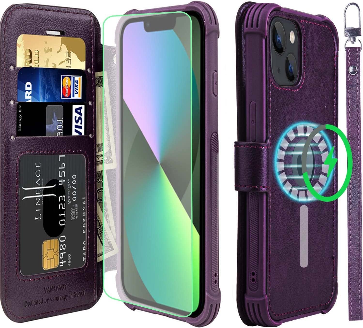 VANAVAGY Iphone 13 Mini Wallet Case Magsafe,Leather Flip Folio Phone Cover Supports Magsafe and Wireless Charging with RFID Block Card Holder and Wrist Strap,Forest Green  VANAVAGY Purple  