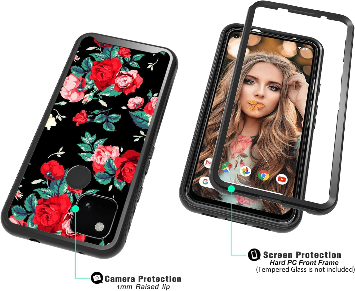 MGAH Pixel 4A 5G Case with Roses Design,Google Pixel 4A 5G Phone Case,Hybrid Triple Layer Armor Protective Cover Flexible Sturdy Anti-Scratch Shockproof Cute Case for Women and Girls-Flowers/Black  MGAH   