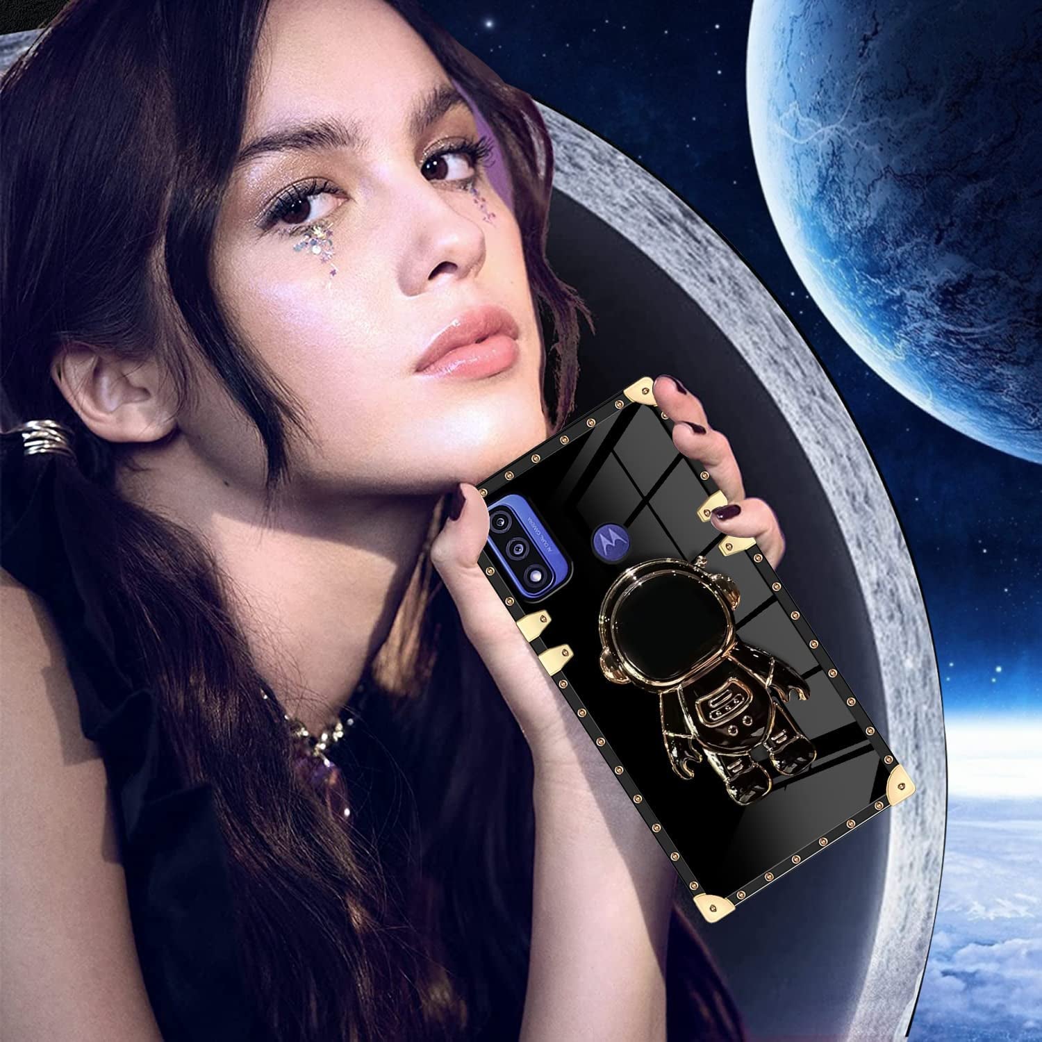 B-Wishy for Moto-G Pure Phone Case,Moto G-Power 2022 Case with Kickstand Ring Holder,Square Rivet for Girls Women Anti-Shock Slim Shockproof TPU Cover Phone Case for Moto G Play 2023(Y Black)  B-wishy   