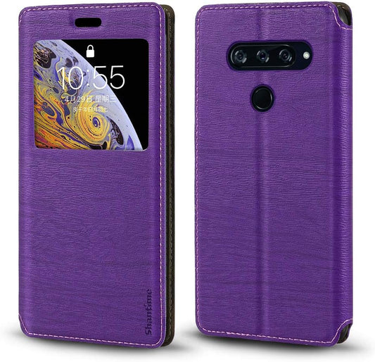 Shantime LG V40 Thinq Case, Wood Grain Leather Case with Card Holder and Window, Magnetic Flip Cover for LG V40 Thinq Purple  Shantime   