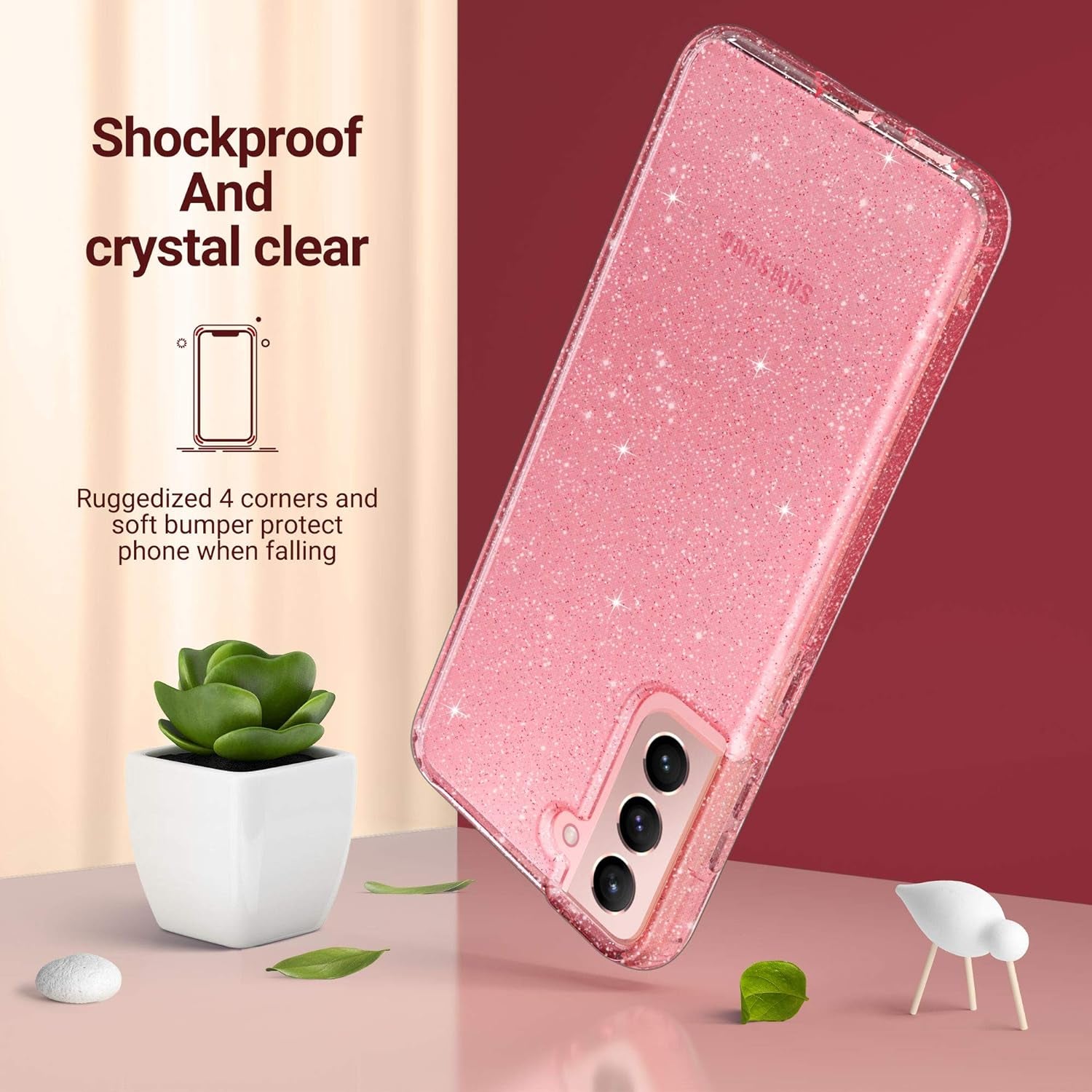 ULAK Galaxy S21 Case, Clear Glitter Case Sparkly Soft TPU Bumper Bling Cover for Women Girls Transparent Protective Phone Case for Samsung Galaxy S21 5G 6.2 Inches - Pink Glitter  ULAK   