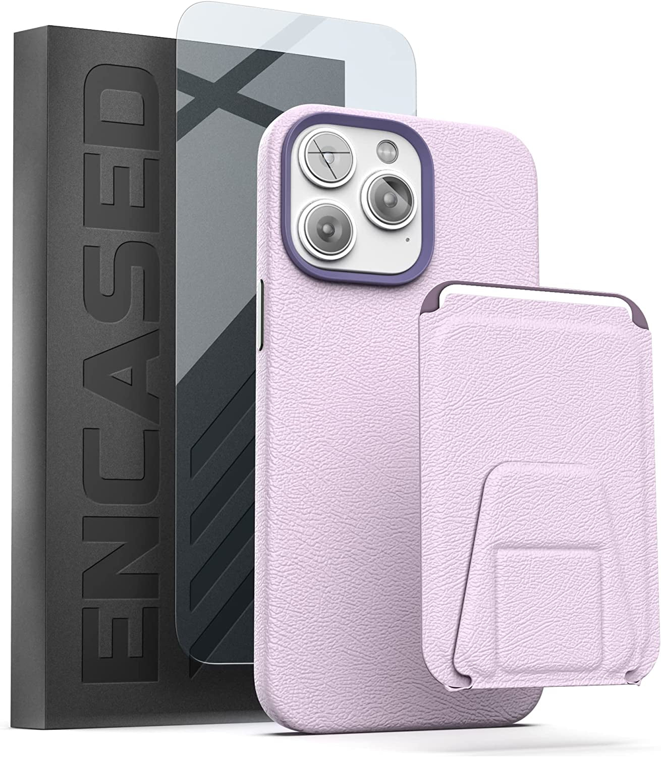 Encased MAG Case Wallet Set - Designed for Iphone 14 PRO Leather Case with Screen Protector and Card Holder W/Magnetic Kickstand (Compatible with Magsafe) Black  Encased Lavender  