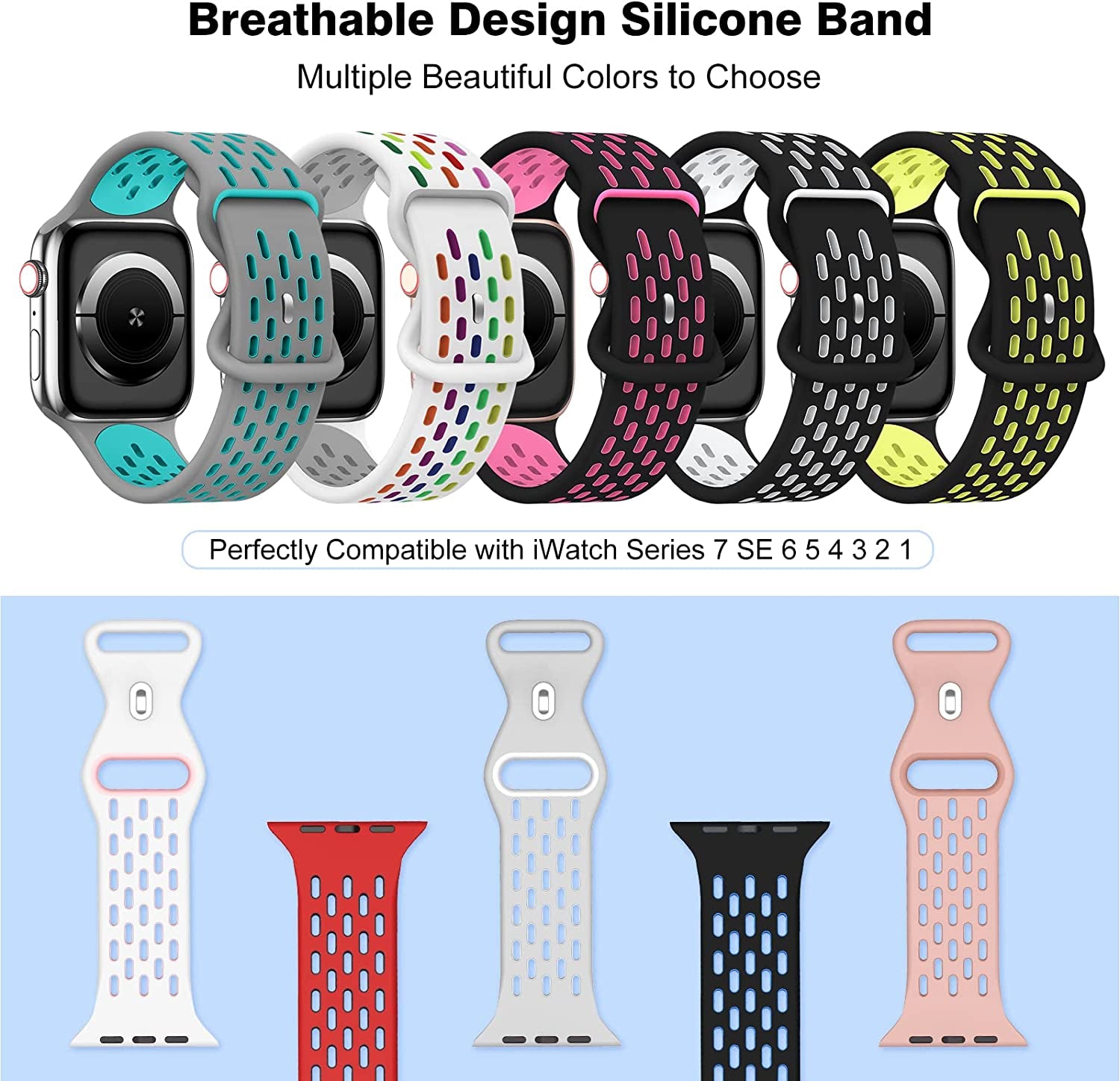 TSAAGAN 5 Pack Sport Silicone Bands Compatible for Apple Watch Band 49Mm 41Mm 45Mm 40Mm 44Mm 38Mm 42Mm, Breathable Strap Replacement Wristband for Iwatch Ultra Series 8/7/SE/6/5/4/3/2/1 Women & Men  TSAAGAN   