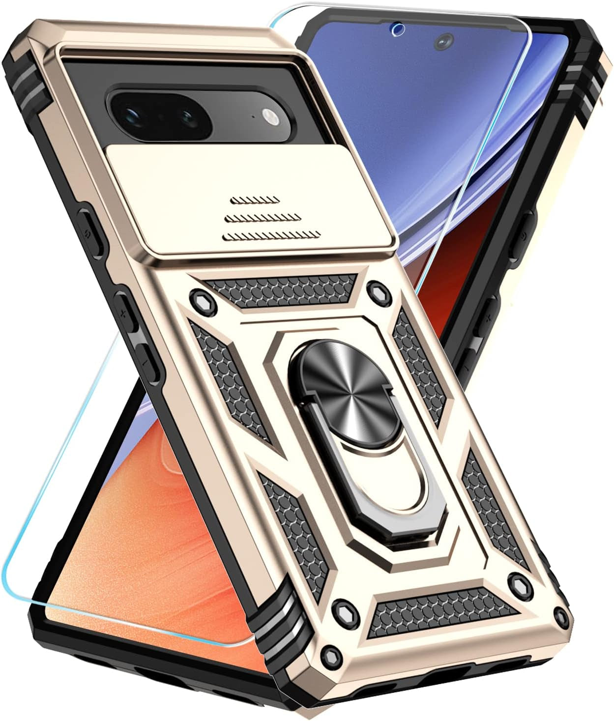 Sunstory for Google Pixel 7A Case with Tempered Glass Screen Protector & Slide Camera Cover & Kickstand, [Not for Pixel 7/7 Pro Phone], Google 7A Case [Military Grade] Case for Pixel 7A (Red)  SunStory Gold  