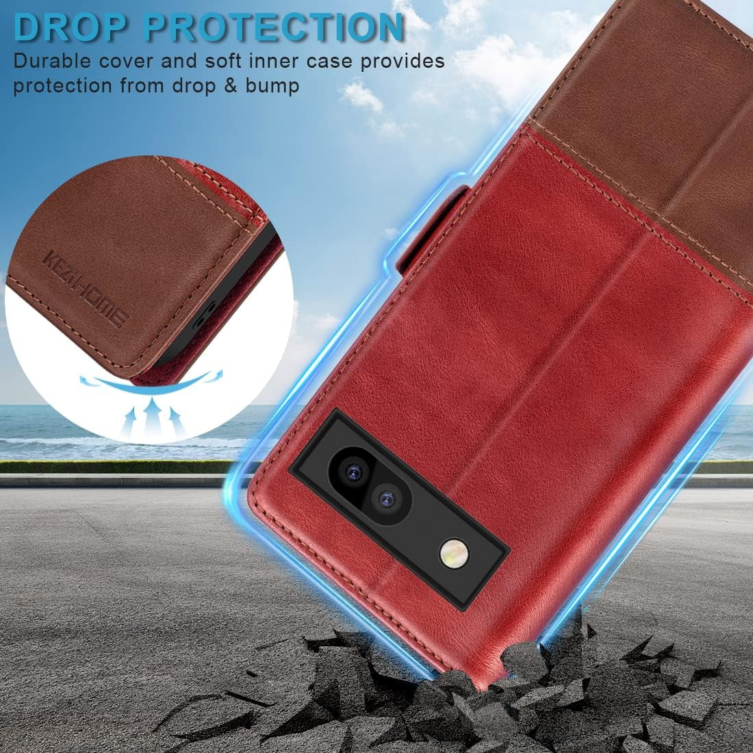 Kezihome Case for Google Pixel 7A, Genuine Leather Wallet Case with Card Holder [RFID Blocking] Kickstand Flip Protective Heavy Duty Phone Cover for Google Pixel 7A 5G 2023 (Red/Brown)  KEZiHOME   