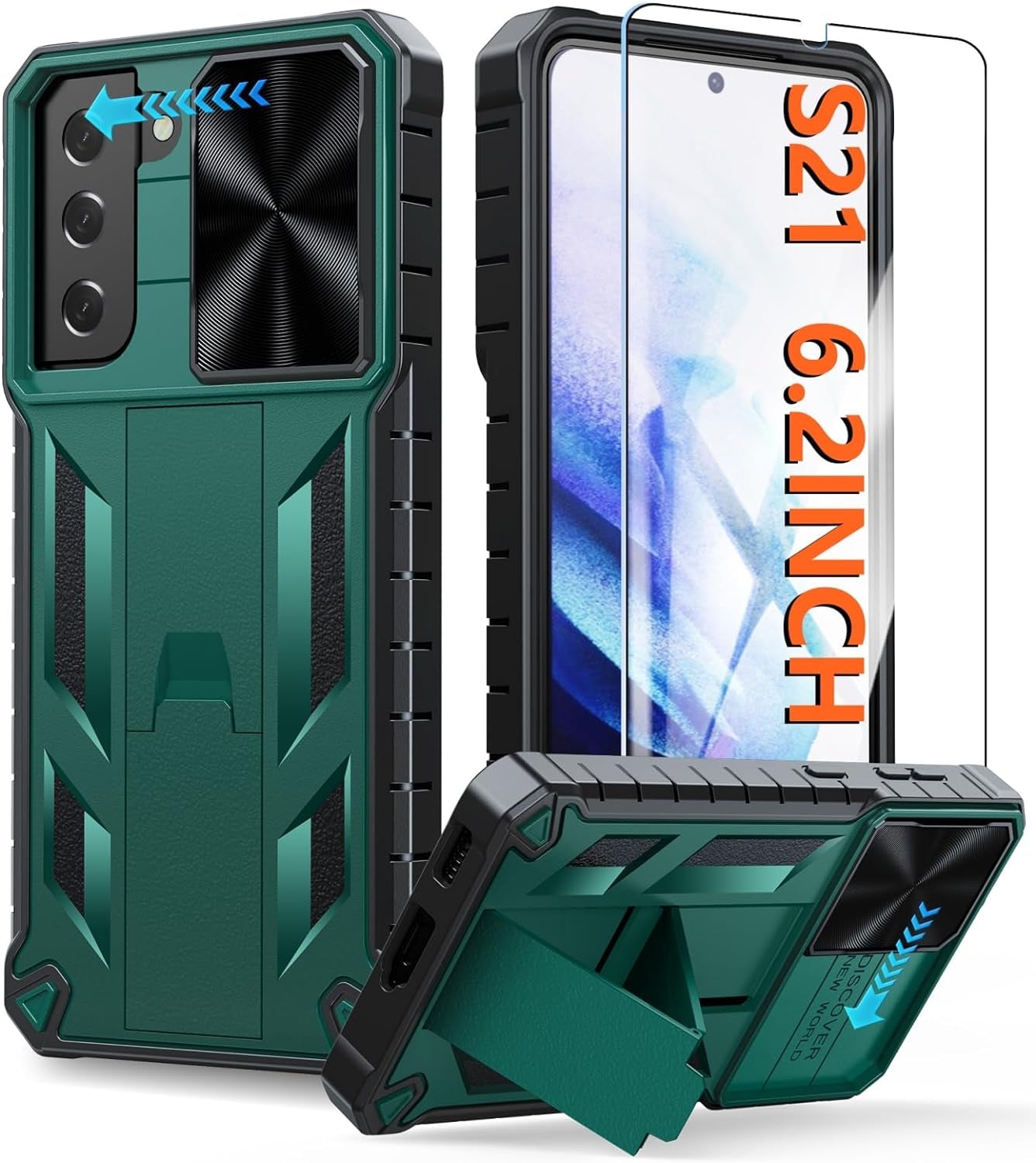 FNTCASE for Samsung Galaxy S21 Case: Heavy Duty Shockproof Phone Cover with Kickstand | Durable Protective Shockproof Cases Rugged Military Grade Drop Proof Protection 6.2" Matte Shell Black  FNTCASE Green  