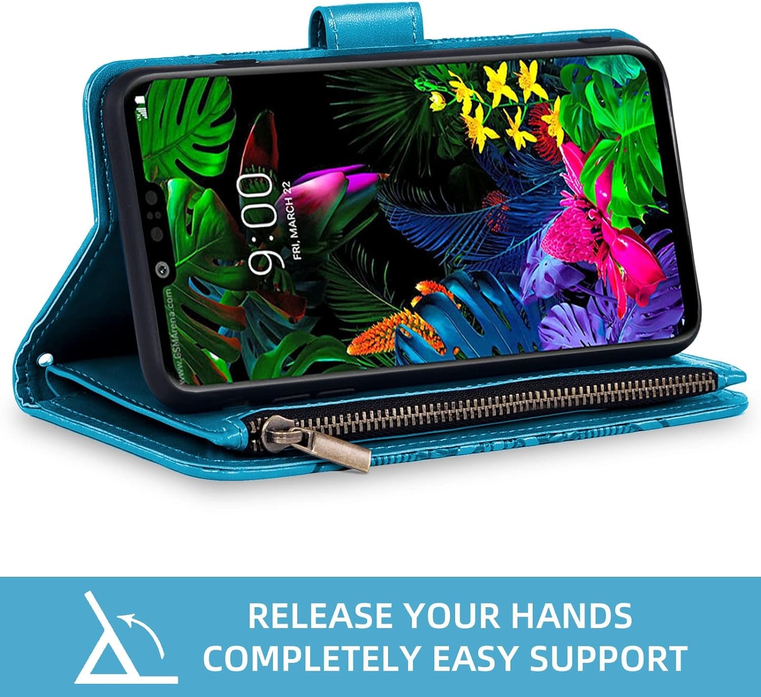 Asuwish Compatible with LG G8 Thinq Wallet Case and Tempered Glass Screen Protector Flower Leather Flip Card Holder Stand Cell Phone Cover for LGG8 Thin Q G 8 LG8 G8Thinq Lgg8Thinq 8G Women Men Blue  Asuwish   