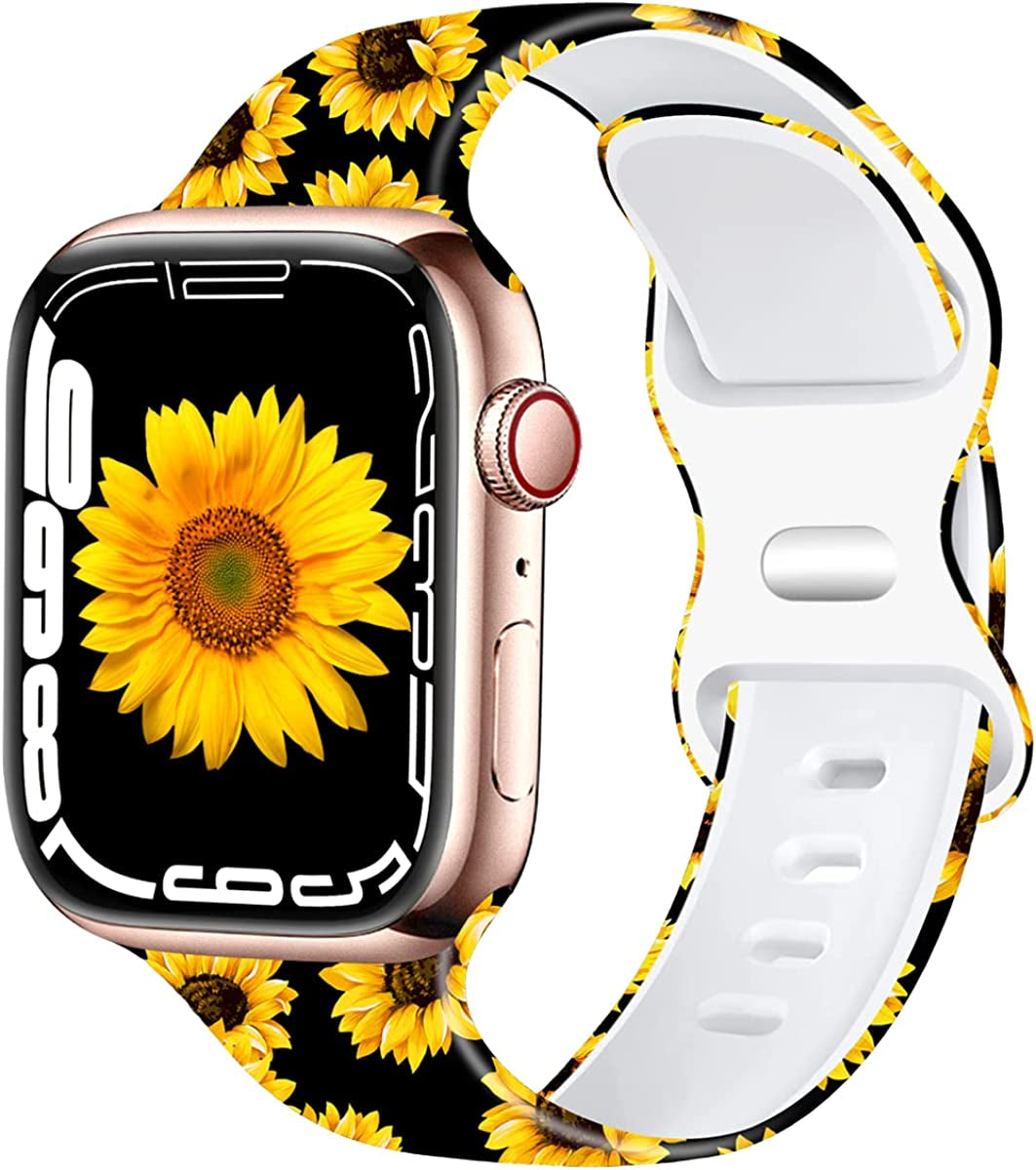 Creategreat Transparent Bands Compatible with Apple Watch Bands 41Mm 40Mm 38Mm 45Mm 44Mm 42Mm for Women Men, Clear Silicone Printed Fadeless Pattern Replacement Strap for Iwatch SE & Series 8,7,6,5,4,3,2,1  CreateGreat Sunflower-Black 41MM/40MM/38MM 