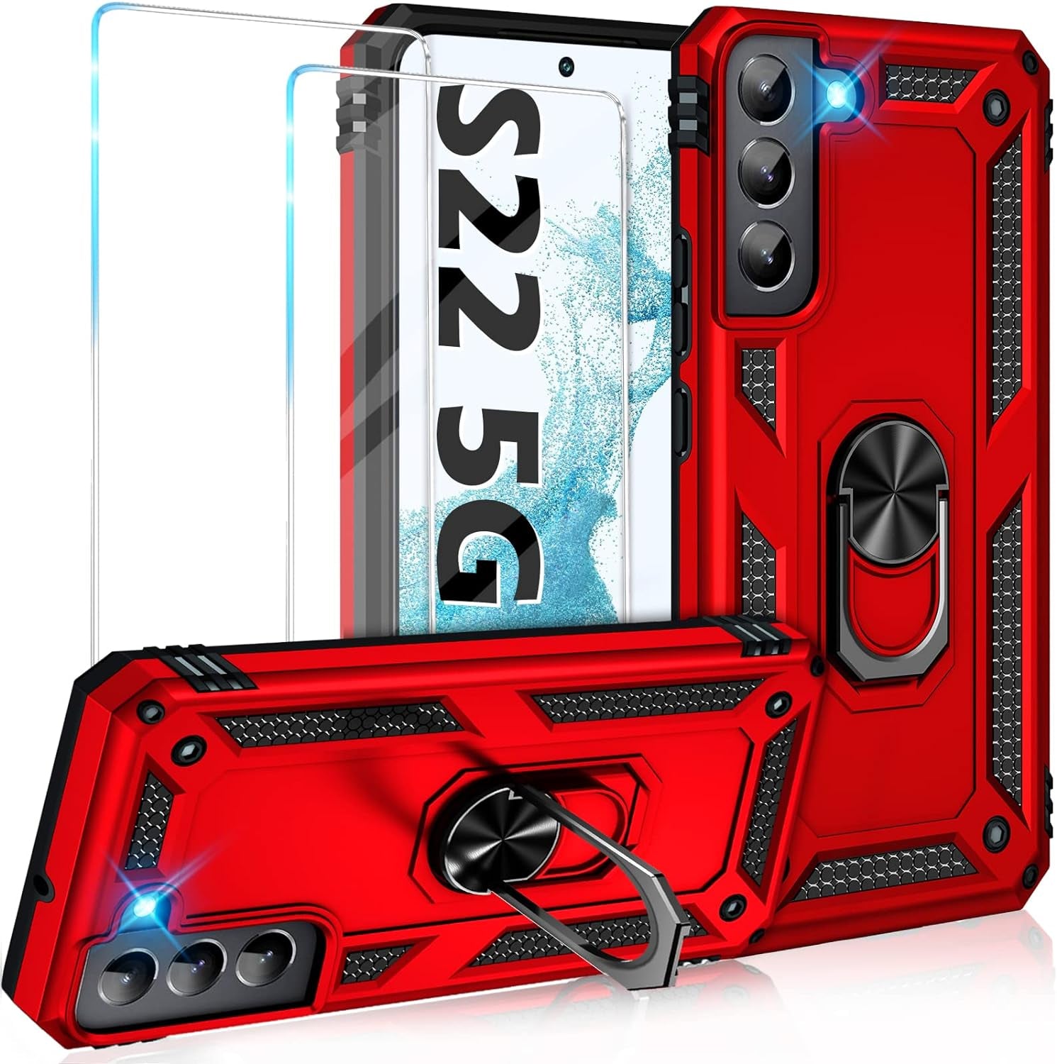 Vaki for Samsung Galaxy S22 5G Case with Built in Screen Protector Military Grade Hard Rugged Cover Heavy Duty Armor Galaxy S22 Phone Cases with Metal Ring Kickstand Shockproof Blue  Vaki Red  
