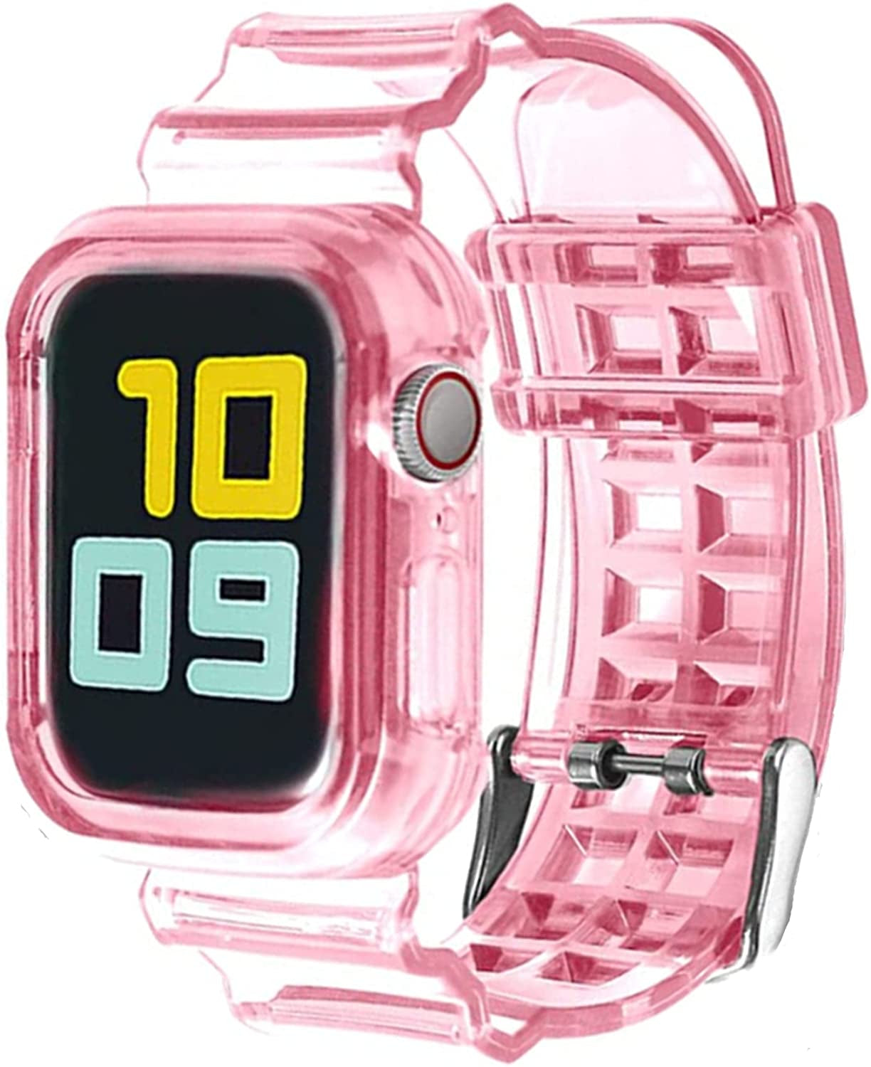 Kaihang Compatible for Apple Watch Band, Crystal Clear Iwatch Band Strap with Rugged Bumper Case 38Mm/40Mm/41Mm/42Mm/44Mm/45Mm/49Mm Bands for Apple Watch Series SE/8/7/6/5/4/3/2  Kaihang pink 42mm/44mm 