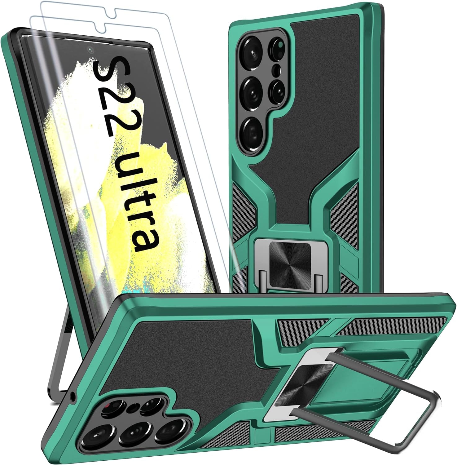 AKINIK for Samsung Galaxy S22 Ultra Case, S22 Ultra Case with Self Healing Flexible TPU Screen Protector [2 Pack], Military Grade with Kickstand Case for Galaxy S22 Ultra 5G-Red  AKINIK Green  