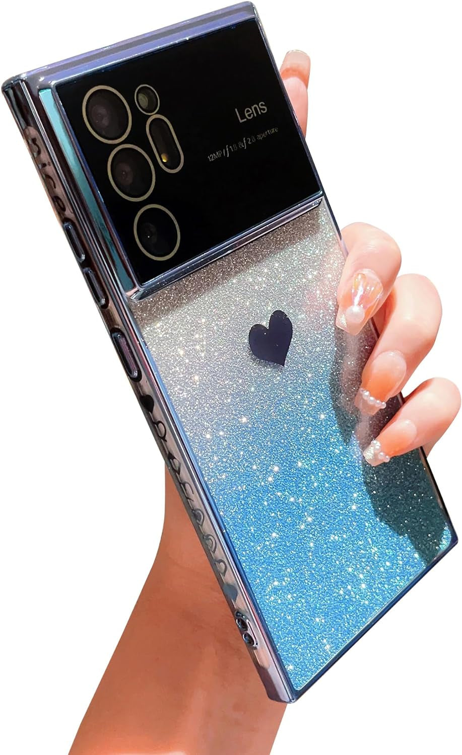 Phylla Gradient Glitter Heart for Samsung Galaxy Note 20 Ultra 5G Phone Case [Full Camera Lens Protector],Luxury Plating Slim Clear Case with Side Pattern,Soft Shockproof Protective Bumper (Gold)  PHYLLA Blue  