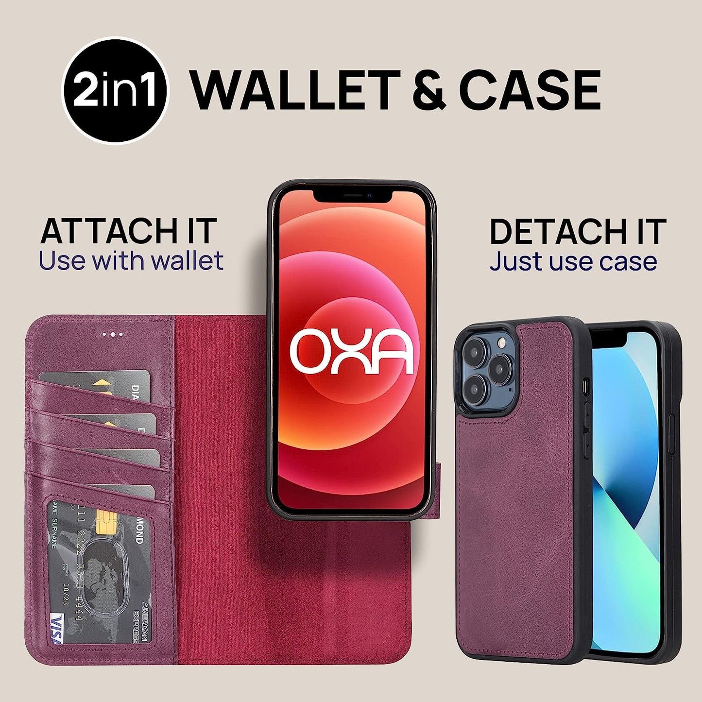 OXA Leather 2-In-1 Wallet Case Compatible with Iphone 14 Pro Max | Magnetic Detachable | Shockproof | RFID Blocking | Flip Case with Kickstand | Compatible with Magsafe | - Purple  OXA   