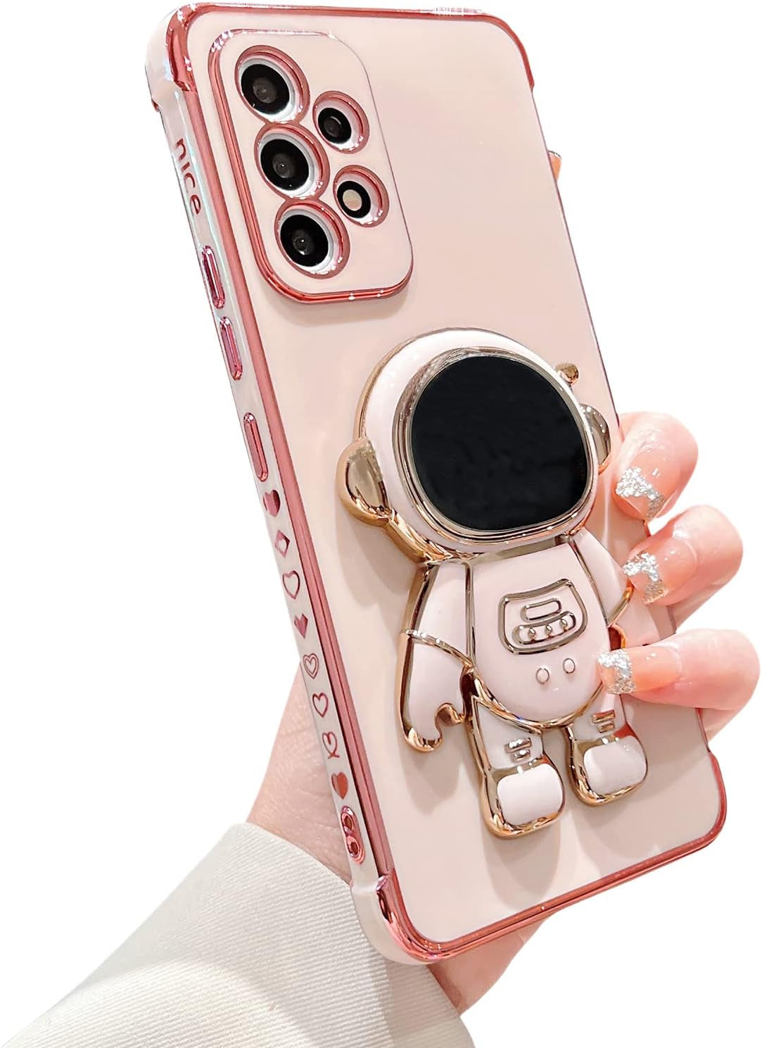 Phylla Samsung Galaxy A53 5G 6.5" Phone Case Luxury Plating Astronaut Stand Holder Case with Camera Protection Cute Love Heart Side Small Pattern Soft Silicone Shockproof Kickstand Bumper (Purple)  phylla Pink  