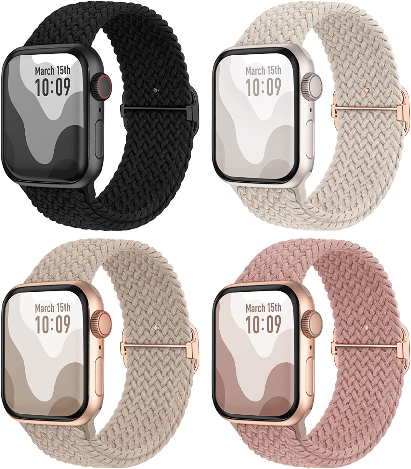 Braided Solo Loop 4 Pack Compatible with Apple Watch Band 38Mm 40Mm 41Mm 42Mm 44Mm 45Mm 49Mm Women Men, Adjustable Stretchy Strap Wristbands for Iwatch Band Ultra SE 8 7 6 5 4 3 2 1  Suitisbest Black/Starlight/Nude Pink/Milk Tea 38/40/41mm 
