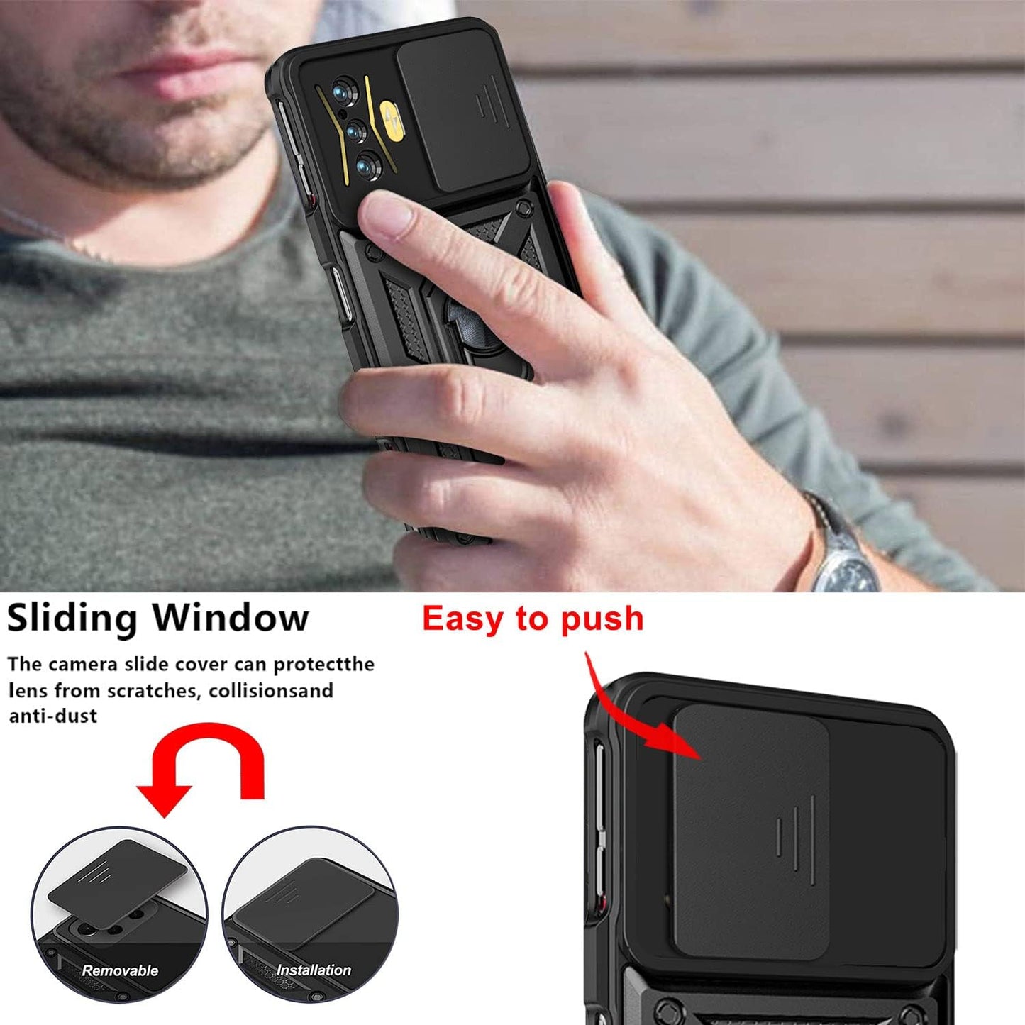Ysnzaq Military Grade Heavy Duty Shockproof Phone Case for Xiaomi Redmi K50 Gaming/Poco F4 GT, Sliding Window Lens Protection with Magnetic Car Bracket Phone Cover for Xiaomi Poco F4 GT SJ Gold  Ysnzaq   