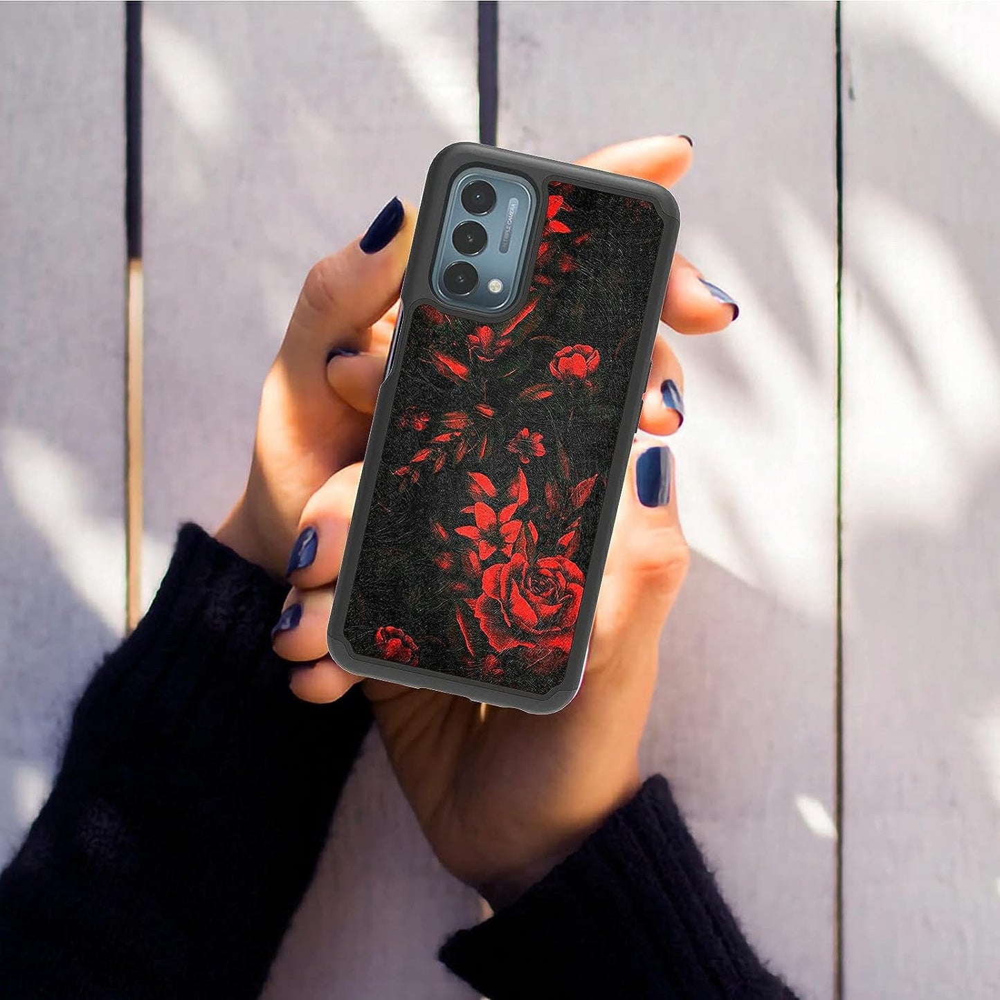 BREIDMKFM 2 in 1 Phone Case for Oneplus Nord N200 5G，Heavy Duty Shockproof Dual Layer Hard PC Soft Rubber Bumper Rugged Cover Case for Nord N200 5G, Red Rose Art  BREIDMKFM   