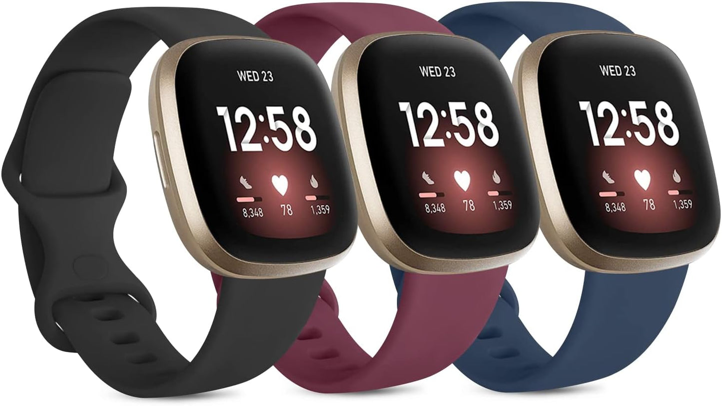 3 Pack Silicone Bands for Fitbit Sense Bands Fitbit Versa 3 Bands Women Men, Classic Soft Sport Bands Replacement Wristbands for Fitbit Sense/Versa 3 Smart Watch (Black/White/Gray, Large)  Amzpas Black/Navy Blue/Wine red Large 