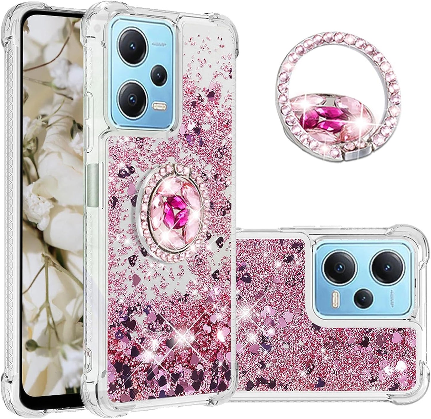 Ephoou for Xiaomi Redmi Note 12 4G Glitter Case for Women Girls, Sparkle Flowing Clear Quicksand Waterfall Soft TPU Liquid Case Cover with Bling Diamond Ring for Xiaomi Redmi Note 12 4G Lsz-Silver  Ephoou Rose Gold  