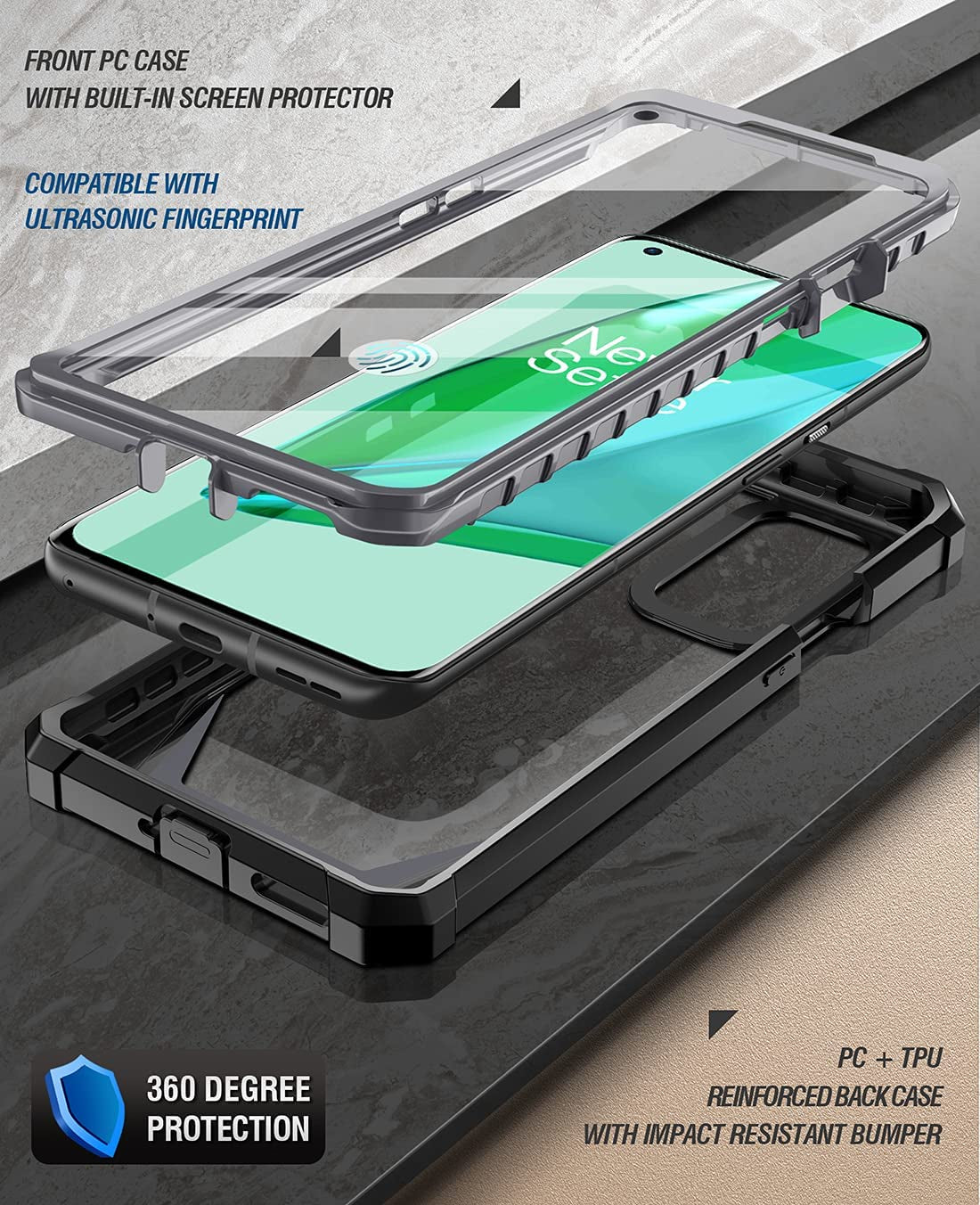 Poetic Guardian Case Designed for Oneplus 9 Pro 5G, Built-In Screen Protector Work with Fingerprint ID, Full Body Hybrid Shockproof Bumper Cover Case, Black/Clear  Poetic   