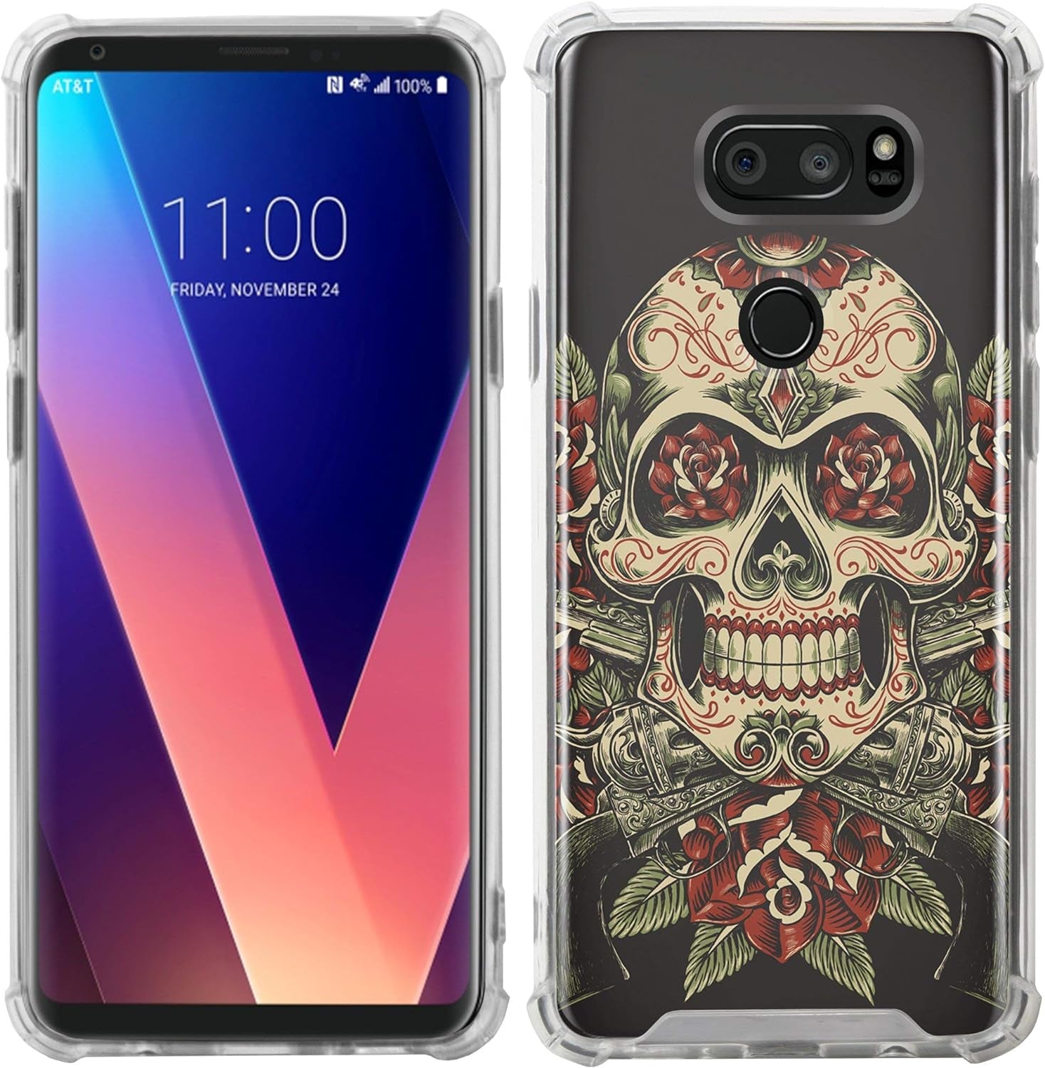 Casesondeck Fitted Case Compatible with [LG V30S Thinq and LG V30] Full Body Clear Bumper Case Slim Fitted Unique Cover (Rose Skull)  CasesonDeck   