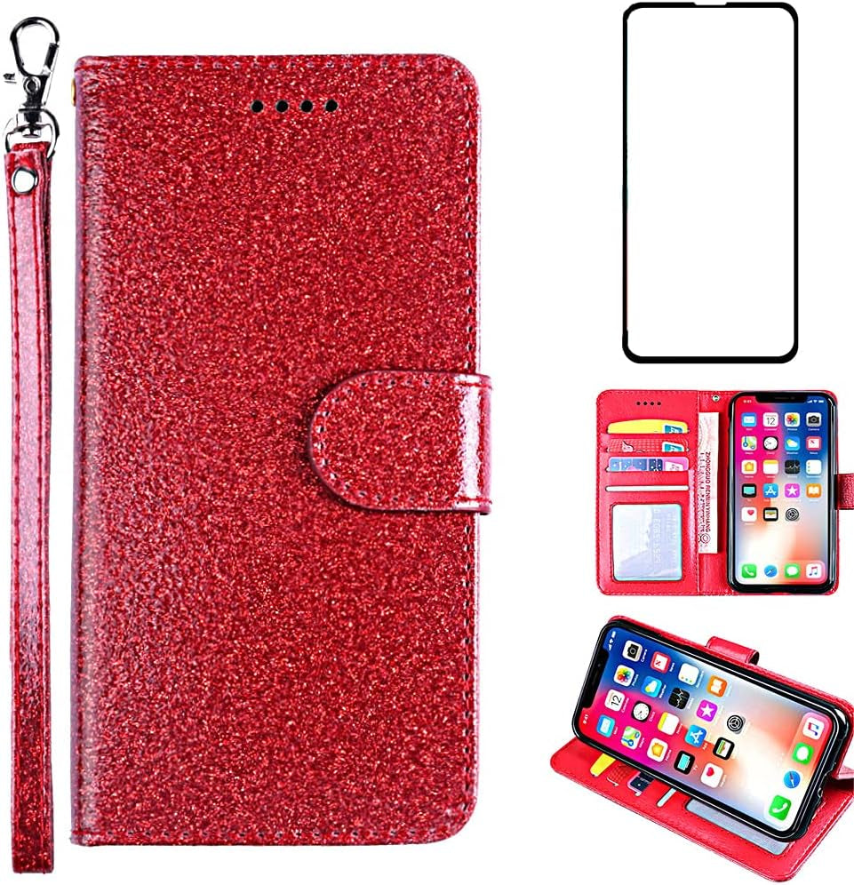 Asuwish Compatible with LG G7 Thinq Glitter Wallet Case and Tempered Glass Screen Protector Holder Slot Stand Phone Cases for LGG7 One G 7 plus LG7 Fit Lg7Thinq 7G Thin Q G7+ G7Thinq Lgg7Thinq Red  Asuwish   