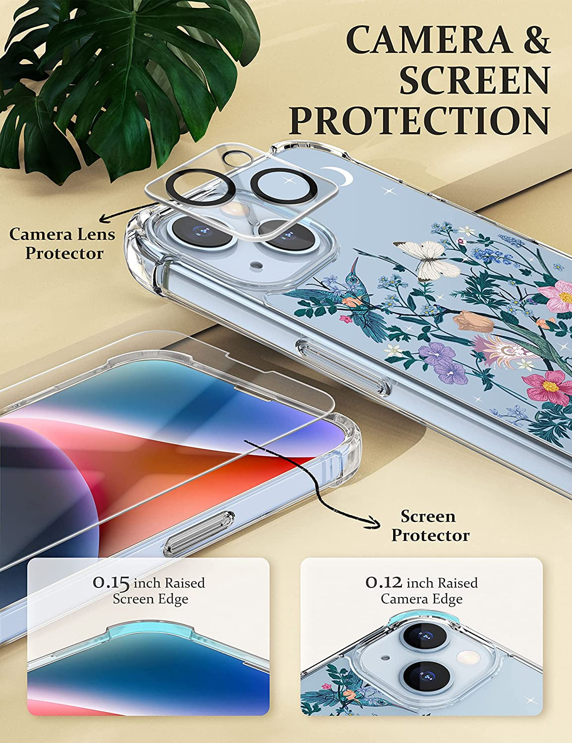 Cutebe [3 in 1 Crystal Phone Case for Iphone 13(2021)/Iphone 14(2022) 6.1", Cute Protective Cover with 9H Temper Glass Screen Protector + HD Temper Camera Lens Protector for Women, Girls  Cutebe   