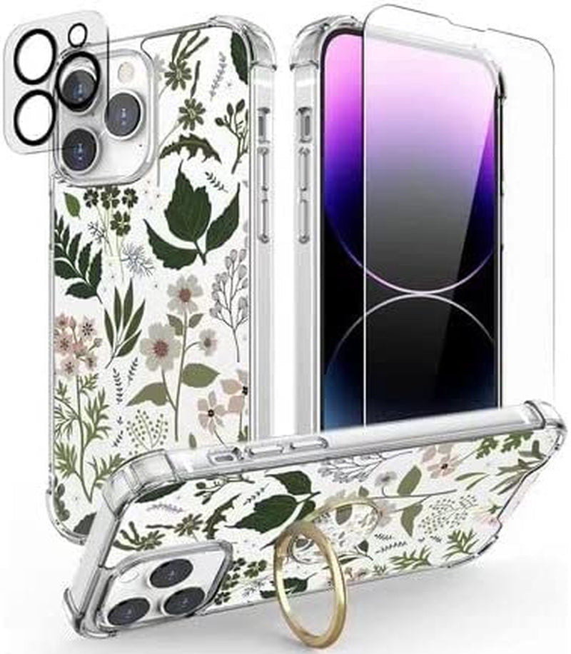 Cutebe [3 in 1 Crystal Phone Case for Iphone 13(2021)/Iphone 14(2022) 6.1", Cute Protective Cover with 9H Temper Glass Screen Protector + HD Temper Camera Lens Protector for Women, Girls  Cutebe iPhone 14 Pro-Green Plants iPhone 14 Pro Case 6.1 Inch 