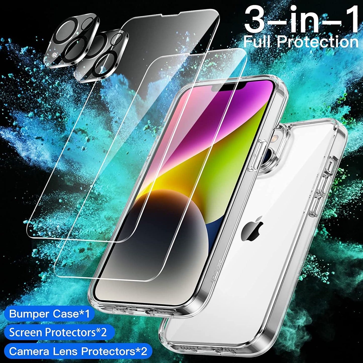 Jetech 3 in 1 Case for Iphone 14 6.1-Inch, with 2-Pack Screen Protector and Camera Lens Protector, Non-Yellowing Shockproof Bumper Phone Cover, Full Coverage Tempered Glass Film (Clear)  JETech   