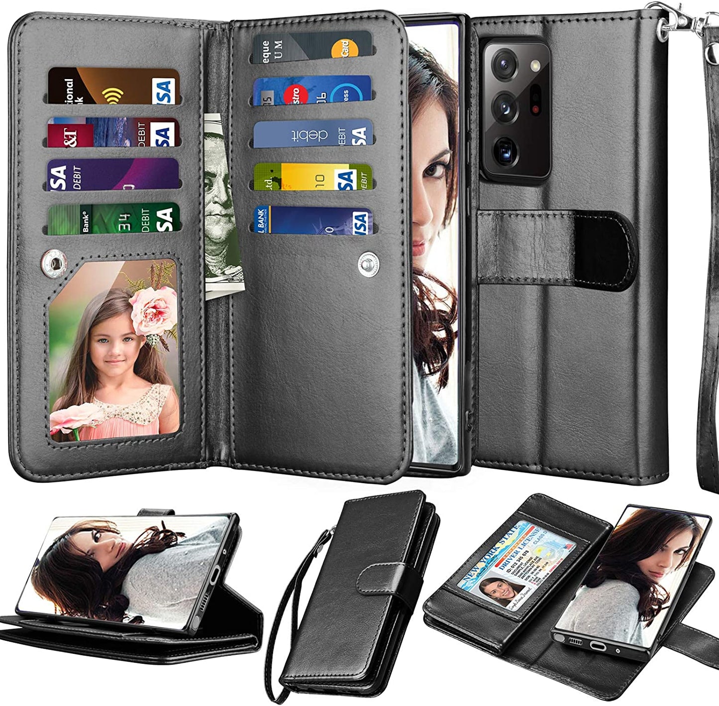 Njjex Galaxy Note 20 5G Wallet Case - Wine Red, 9 Card Slots, PU Leather, Detachable Kickstand, Magnetic Cover & Lanyard  NJJEX Black  