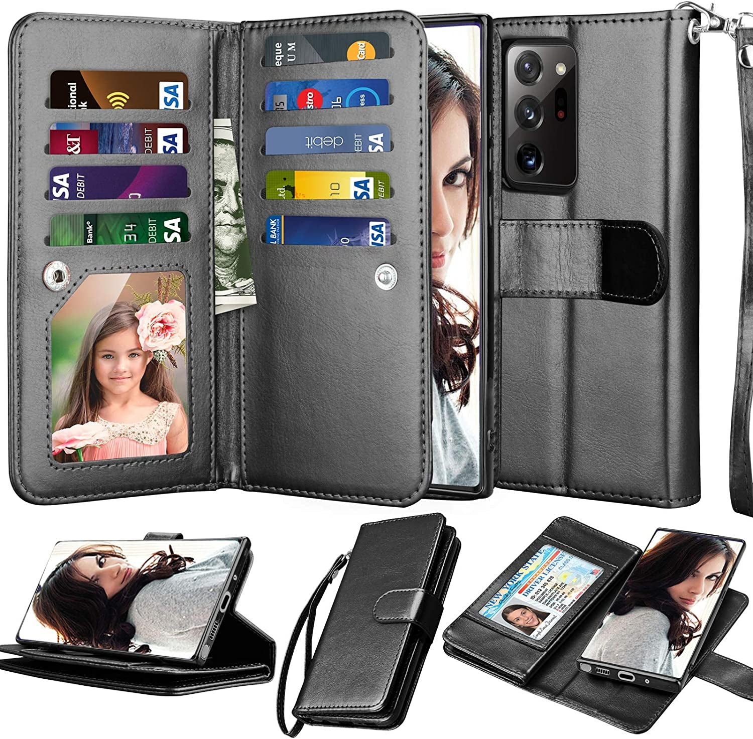 Njjex Galaxy Note 20 5G Wallet Case - Wine Red, 9 Card Slots, PU Leather, Detachable Kickstand, Magnetic Cover & Lanyard  NJJEX Black  