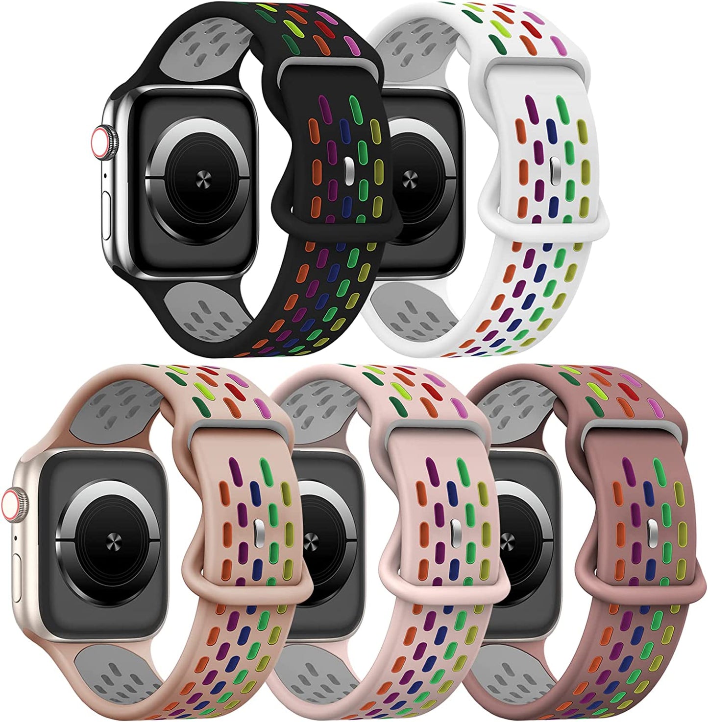 TSAAGAN 5 Pack Sport Silicone Bands Compatible for Apple Watch Band 49Mm 41Mm 45Mm 40Mm 44Mm 38Mm 42Mm, Breathable Strap Replacement Wristband for Iwatch Ultra Series 8/7/SE/6/5/4/3/2/1 Women & Men  TSAAGAN Black Rainbow/White Rainbow/Milktea Rainbow/Sandpink Rainbow/Smokeviolet Rainbow 38/40/41mm 