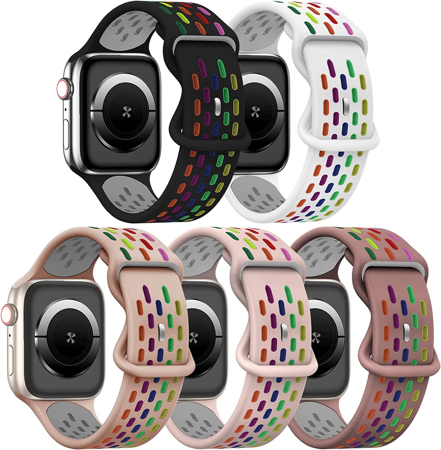 TSAAGAN 5 Pack Sport Silicone Bands Compatible for Apple Watch Band 49Mm 41Mm 45Mm 40Mm 44Mm 38Mm 42Mm, Breathable Strap Replacement Wristband for Iwatch Ultra Series 8/7/SE/6/5/4/3/2/1 Women & Men  TSAAGAN Black Rainbow/White Rainbow/Milktea Rainbow/Sandpink Rainbow/Smokeviolet Rainbow 38/40/41mm 