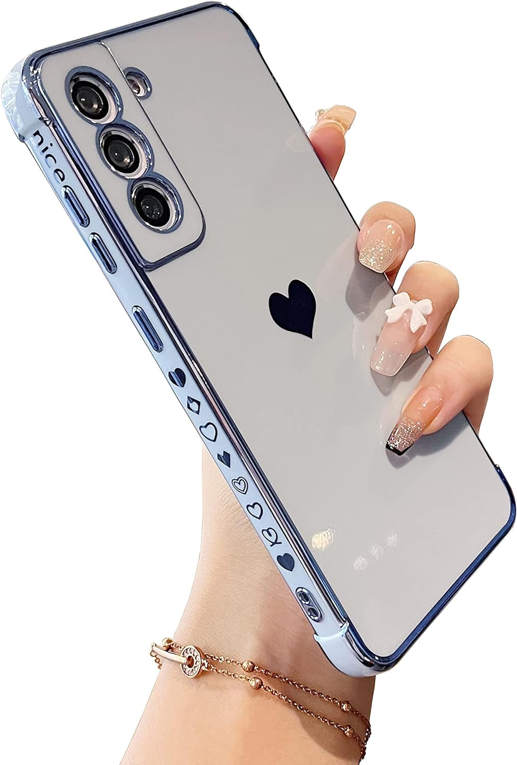 DEFBSC Compatible with Samsung Galaxy S22 Case, Electroplated Edge Love Heart Case with Wrist Strap, Full Camera Protection Raised Reinforced Corners Shockproof Soft TPU Cover, Black  DEFBSC Blue Samsung Galaxy S22 