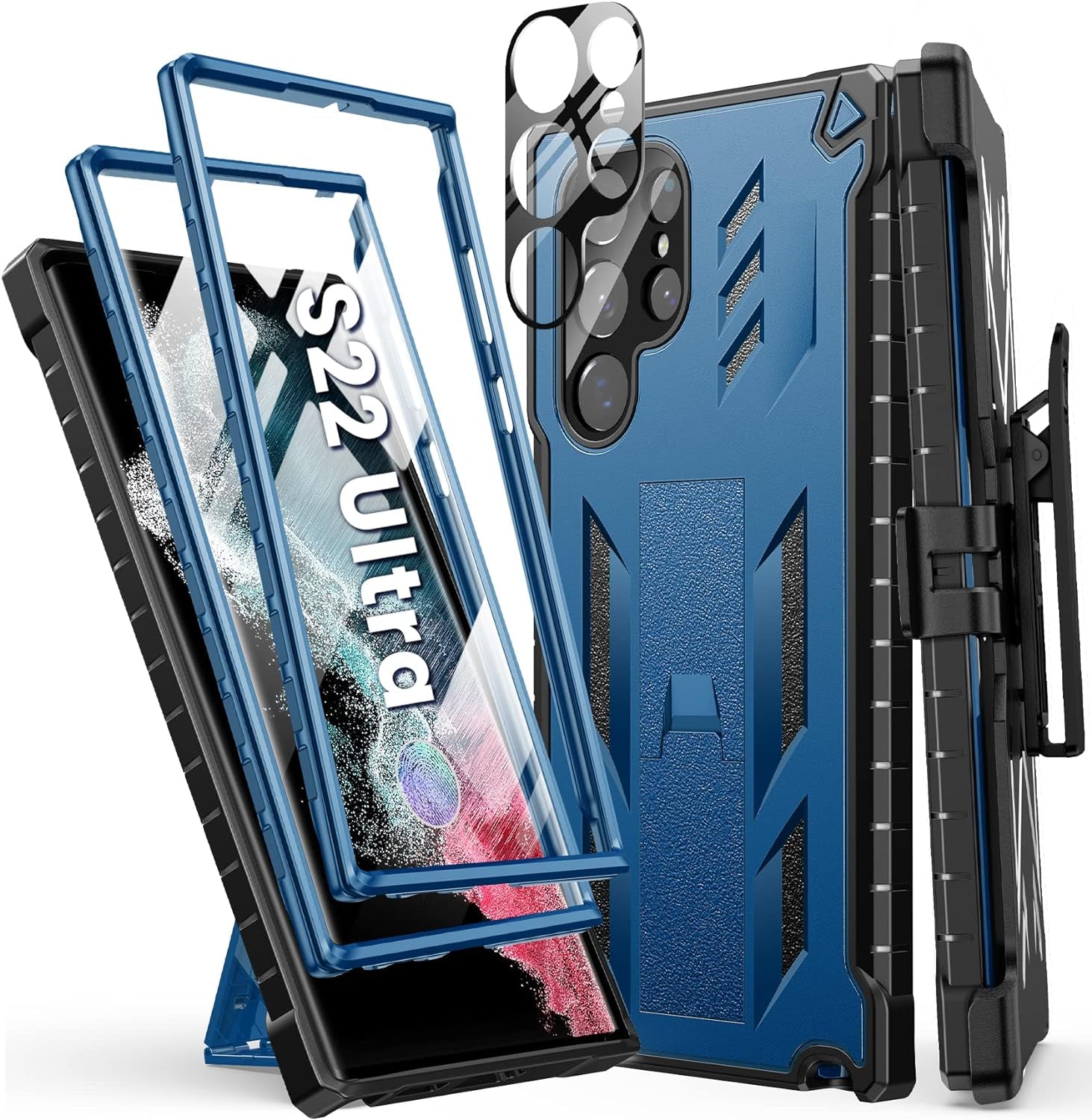 FNTCASE for Samsung Galaxy S22 Ultra Case: Built-In Screen Protector & Kickstand & Belt-Clip Holster, Extra Front Frame Full-Body Dual Layer Rugged Heavy Duty Shockproof Protective Phone Cover-Orange  FNTCASE Blue  