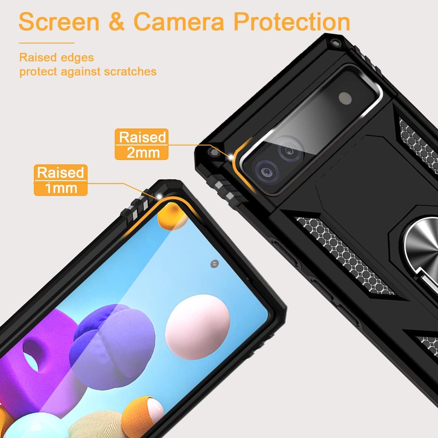 Muntinfe for Google Pixel 6A Case with Tempered Glass Screen Protector [2 Pack], Military-Grade Armor Shockproof Protective Phone Cover with Ring Magnetic Kickstand for Pixel 6A, Black  CAROL   