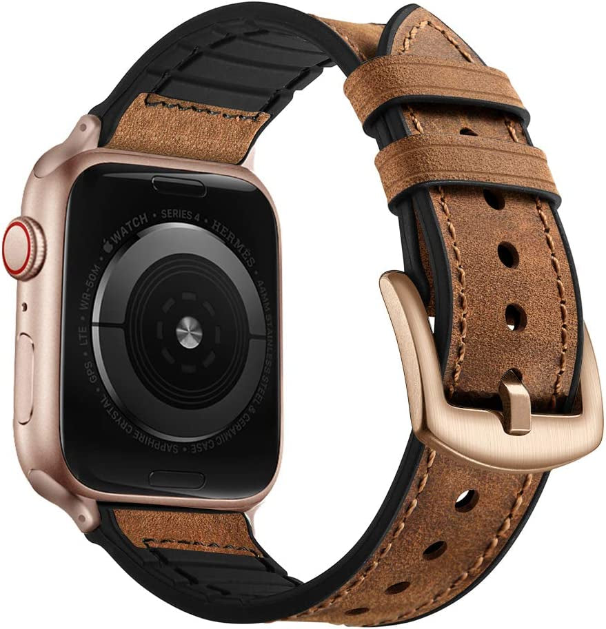 OUHENG Compatible with Apple Watch Band 49Mm 45Mm 44Mm 42Mm, Sweatproof Genuine Leather and Rubber Hybrid Band Strap for Iwatch Ultra Series 8 7 6 5 4 3 2 1 SE2 SE, Brown Band with Black Adapter  OUHENG Brown/Rose Gold 41mm/40mm/38mm 