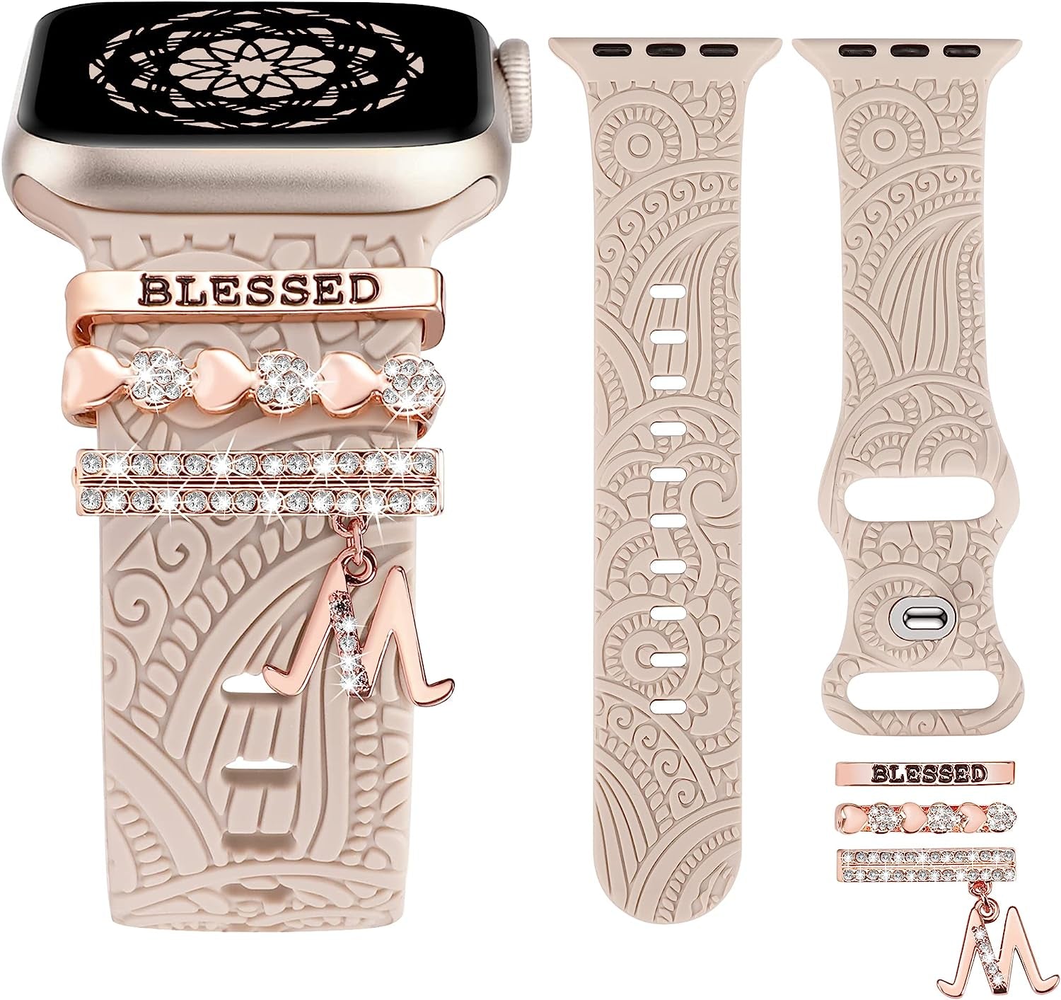 (Include Band) Decorative Ring Loops Compatible with Apple Watch Band Charms 41/40/38/42/44/45/49Mm Women, Boho Engraved Fancy Accessories Silicone Strap for Iwatch Series 8 SE Ultra 7 6 5 4 3 2 1  TOYOUTHS   