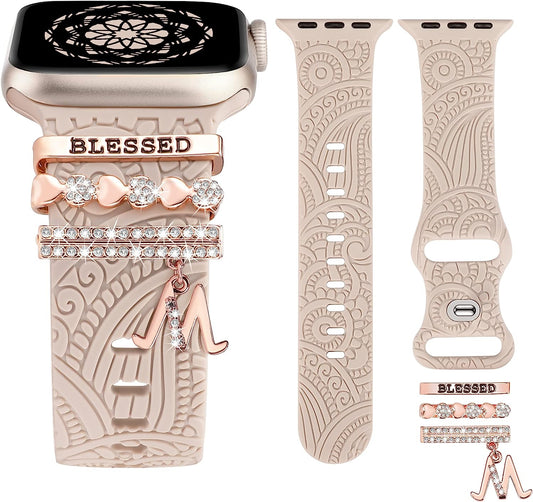 (Include Band) Decorative Ring Loops Compatible with Apple Watch Band Charms 41/40/38/42/44/45/49Mm Women, Boho Engraved Fancy Accessories Silicone Strap for Iwatch Series 8 SE Ultra 7 6 5 4 3 2 1  TOYOUTHS   