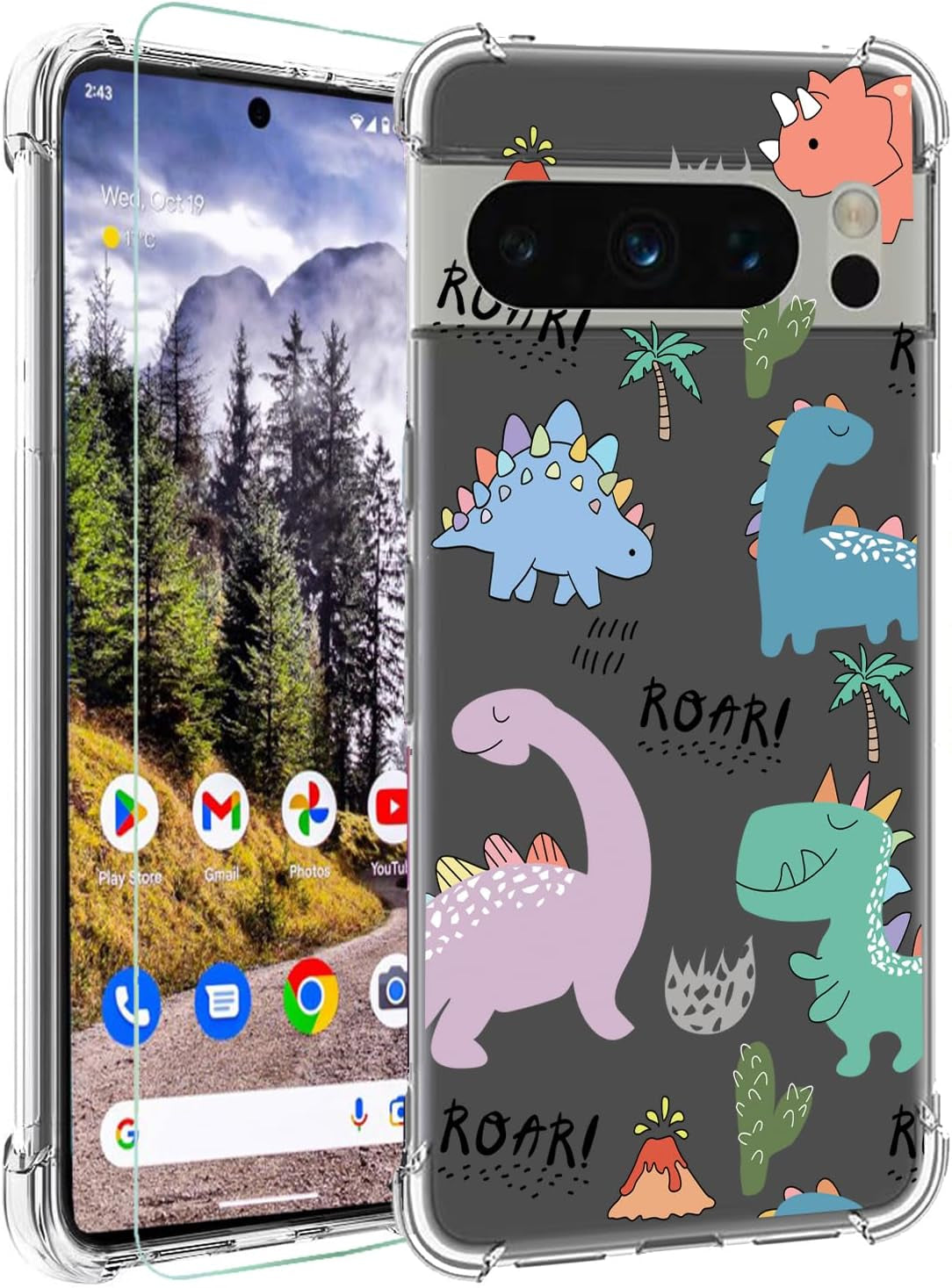 Ftonglogy for Google Pixel 8 Pro 5G Case with Screen Protector: Clear Cute Flower Floral Design for Girls Women Slim Soft TPU Bumper Shockproof Silicone Cell Phone Cover (Funny Cat)  Ftonglogy Funny Dino  