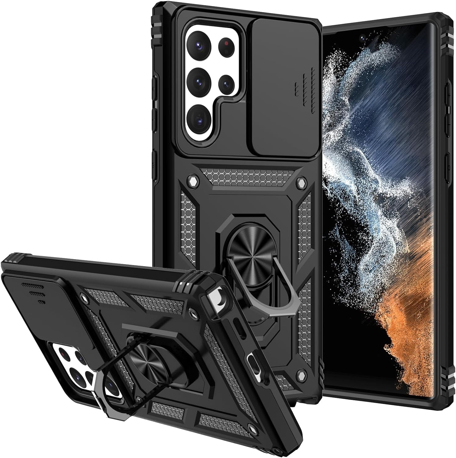 S22 Ultra Case,Samsung Galaxy S22 Ultra Case,With Camera Cover,[Military Grade] 16Ft.Drop Tested Cover with Magnetic Kickstand Protective Case for Galaxy S22 Ultra 6.8 Inch Blue  SKMY Black  