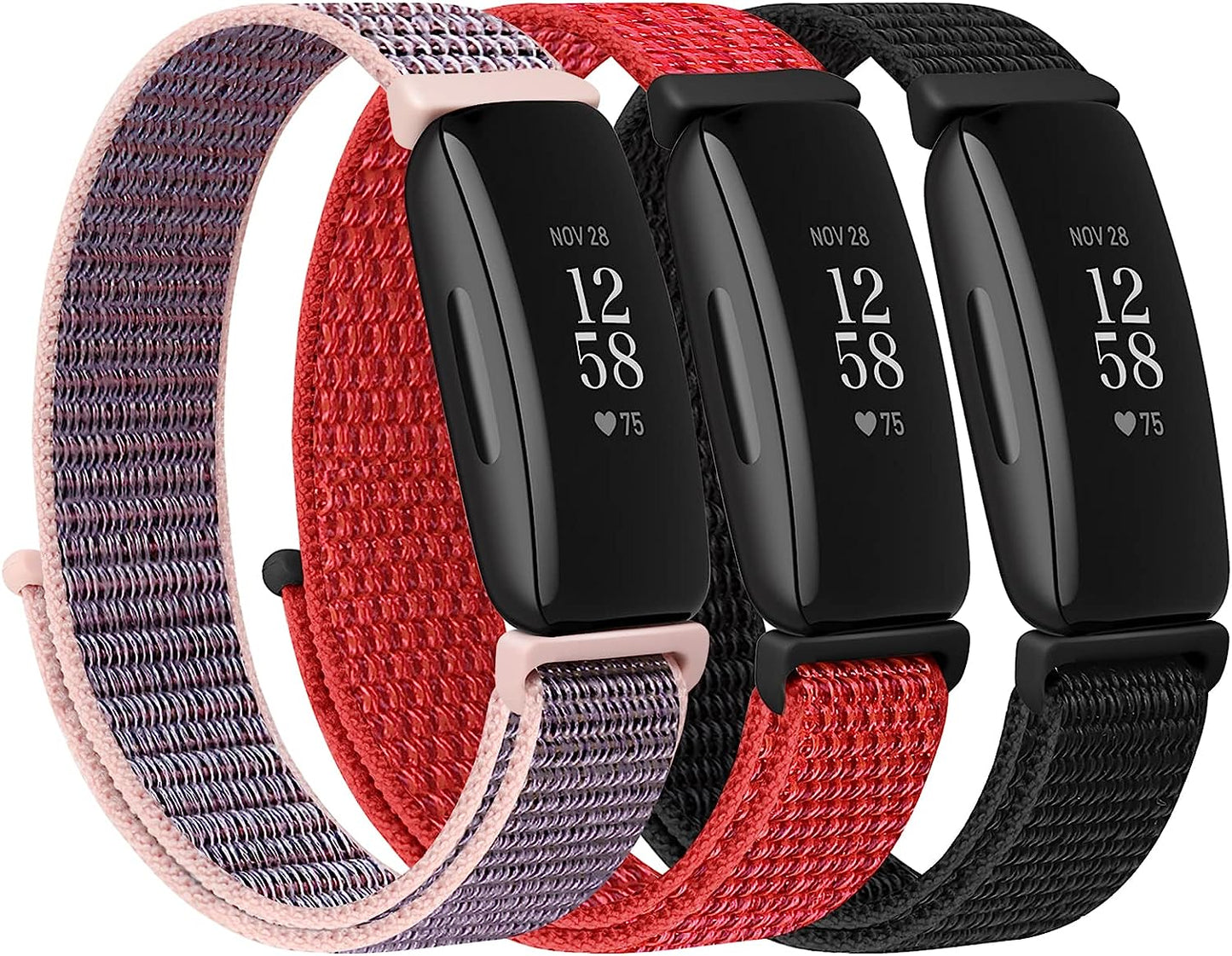 WNIPH Nylon Loop Watch Bands Compatible for Fitbit Inspire 2/ Inspire/ Inspire HR/ Ace 2/ Ace 3 Bands, Soft Adjustable Sport Loop Wristband Replacement Breathable Nylon Straps for Men Women Kids  WNIPH Dark Black+Pink Sand+Red  