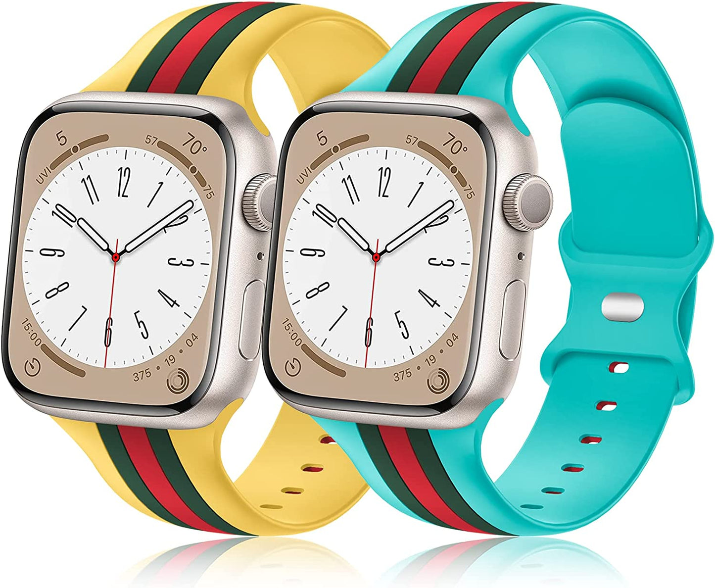 [2 Pack] Designer Bands Compatible with Apple Watch Band 38Mm 40Mm 41Mm 42Mm 44Mm 45Mm 49Mm Men Women, Soft Silicone Sport Band Replacement Strap for Apple Watch Ultra Iwatch Series 8 7 SE 6 5 4 3 2 1  Seizehe Teal/Army Green/Red - Mango Yellow/Army Green/Red 38mm/40mm/41mm 