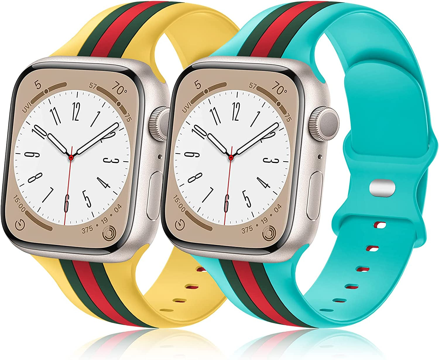 [2 Pack] Designer Bands Compatible with Apple Watch Band 38Mm 40Mm 41Mm 42Mm 44Mm 45Mm 49Mm Men Women, Soft Silicone Sport Band Replacement Strap for Apple Watch Ultra Iwatch Series 8 7 SE 6 5 4 3 2 1  Seizehe Teal/Army Green/Red - Mango Yellow/Army Green/Red 38mm/40mm/41mm 