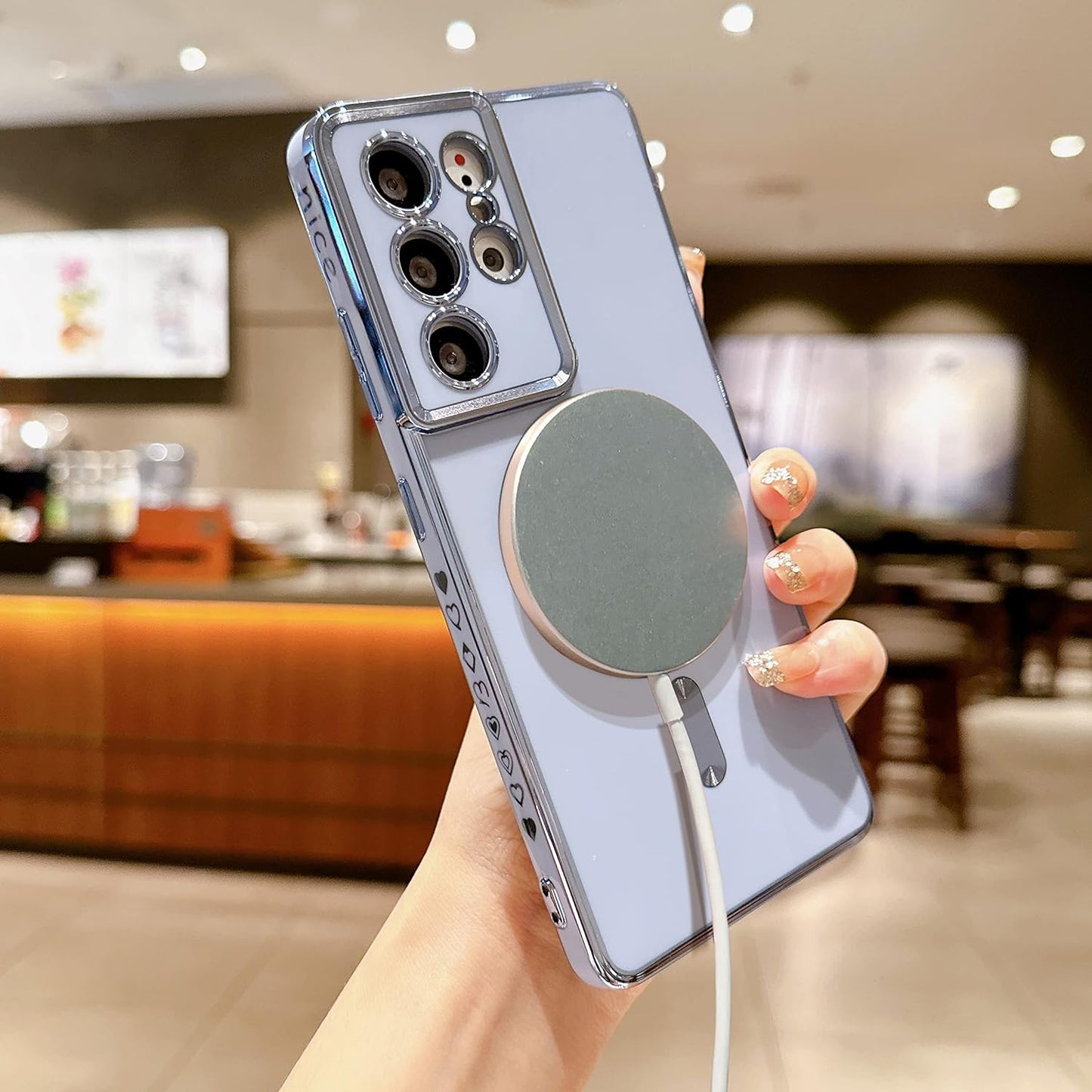 VANIPUFF Magnetic Phone Case for Samsung Galaxy S21 Ultra 5G [Compatible with Magsafe] Luxury Plating Cute Love Heart Soft Silicone Protective Shockproof Cover for Galaxy S21 Ultra 6.8” (Blue)  VANIPUFF\1   