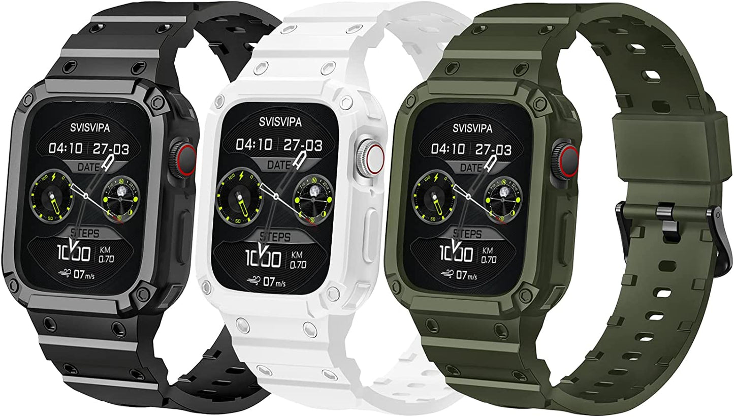[2 Pack] SVISVIPA Band with Case Compatible for Apple Watch 45Mm 44Mm 42Mm Iwatch Series 8 7 SE 6 5 4 3 2 1 Strap, Men Women Sport Strap with Bumper Rugged Shockproof Military Protective, 2 Pack (Black，Army Green）  SVISVIPA ii-Black/Navy Blue/White Ultra 49mm 