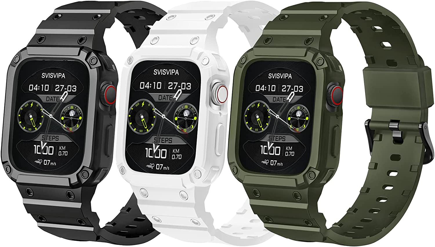 [2 Pack] SVISVIPA Band with Case Compatible for Apple Watch 45Mm 44Mm 42Mm Iwatch Series 8 7 SE 6 5 4 3 2 1 Strap, Men Women Sport Strap with Bumper Rugged Shockproof Military Protective, 2 Pack (Black，Army Green）  SVISVIPA ii-Black/Navy Blue/White Ultra 49mm 