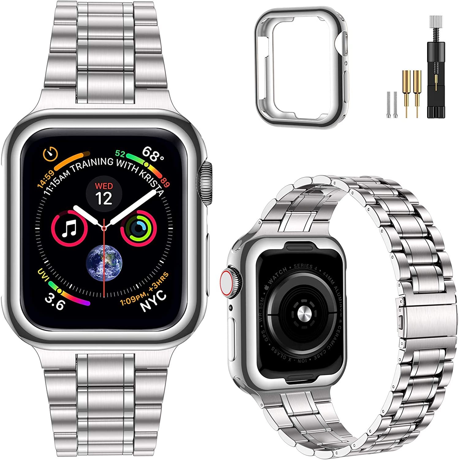 Miohhr Solid Stainless Steel Band Compatible with Apple Watch 49Mm 45Mm 44Mm 42Mm 41Mm 40Mm 38Mm, Metal Strap for Iwatch Series Ultra 8 7 6 5 4 3 2 1 SE Women and Men  MioHHR Silver 41 mm(Series 8/7) 