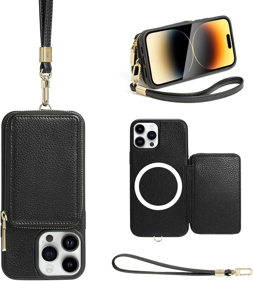 ZVE Wallet Case for Iphone 14 Pro Max 6.7 Inch, Magsafe Zipper Leather RFID Blocking Cards Holder Slots Case with Magnetic Wireless Charging, Protective Cover for Iphone 14 Pro Max 6.7"(2022)-Black  ZVE Black iPhone 14 Pro 